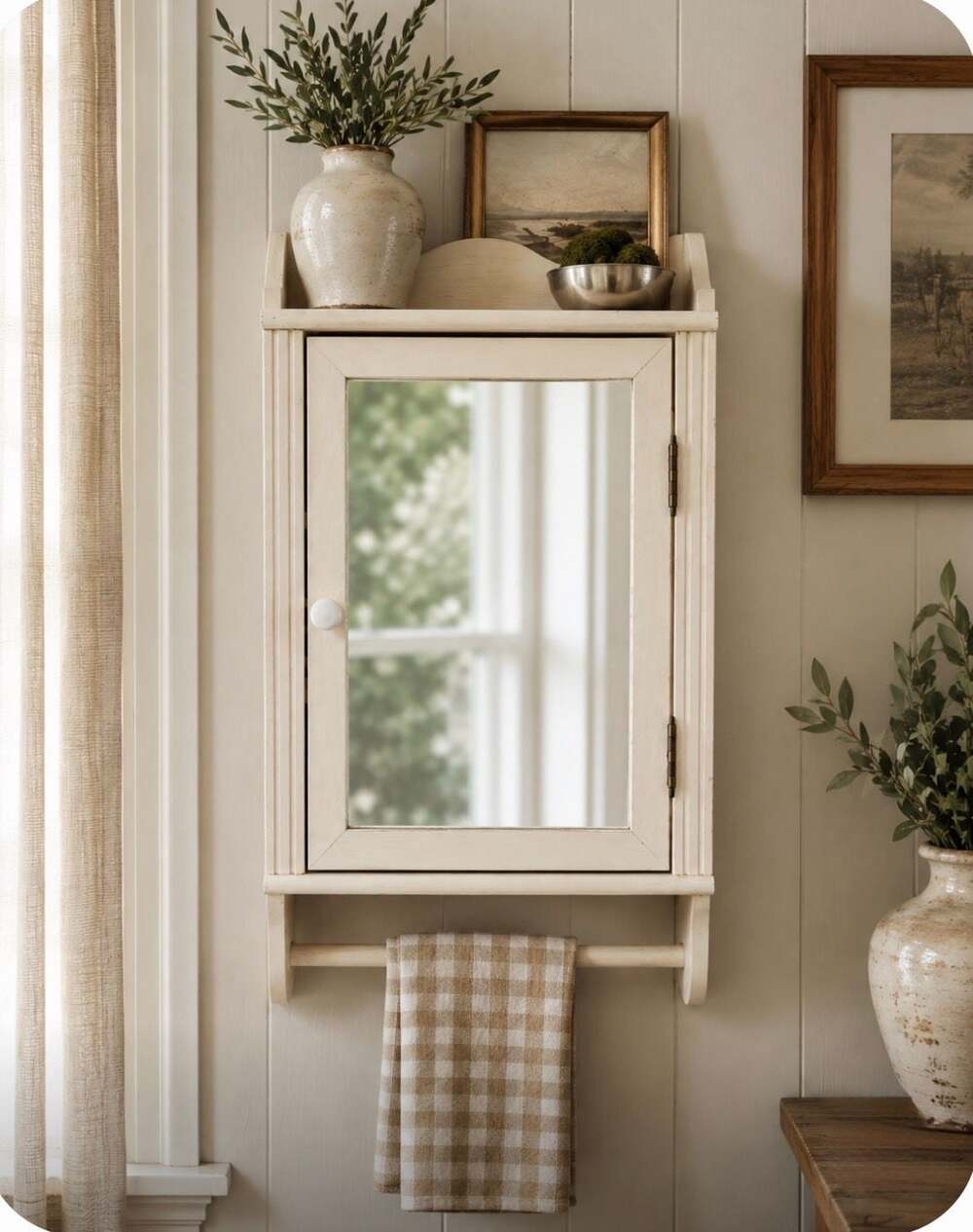 Vintage Handcrafted Painted Solid Wood Wall Cabinet Mirrored Door & Towel Bar